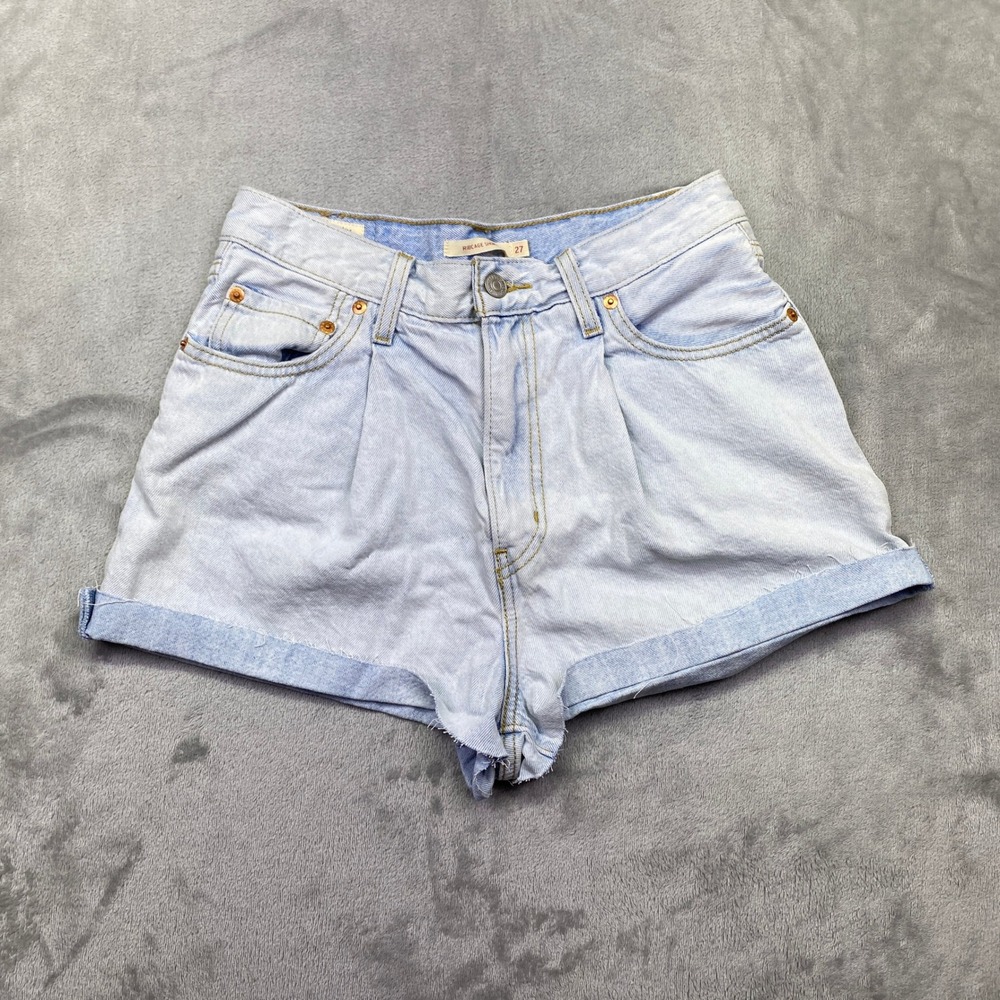 Levis Premium Ribcage Shorts Light Wash Pleated High Rise Denim Sz 27 Big E